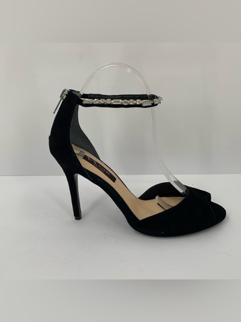 Nina black suede sandal heel shoe peeptoe clear crystal ankle strap formal 8.5